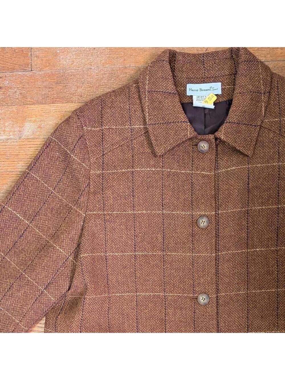Vintage 90s Cinnamon Brown Herringbone Tweed Jacket Windowpane 100% Wool Size L